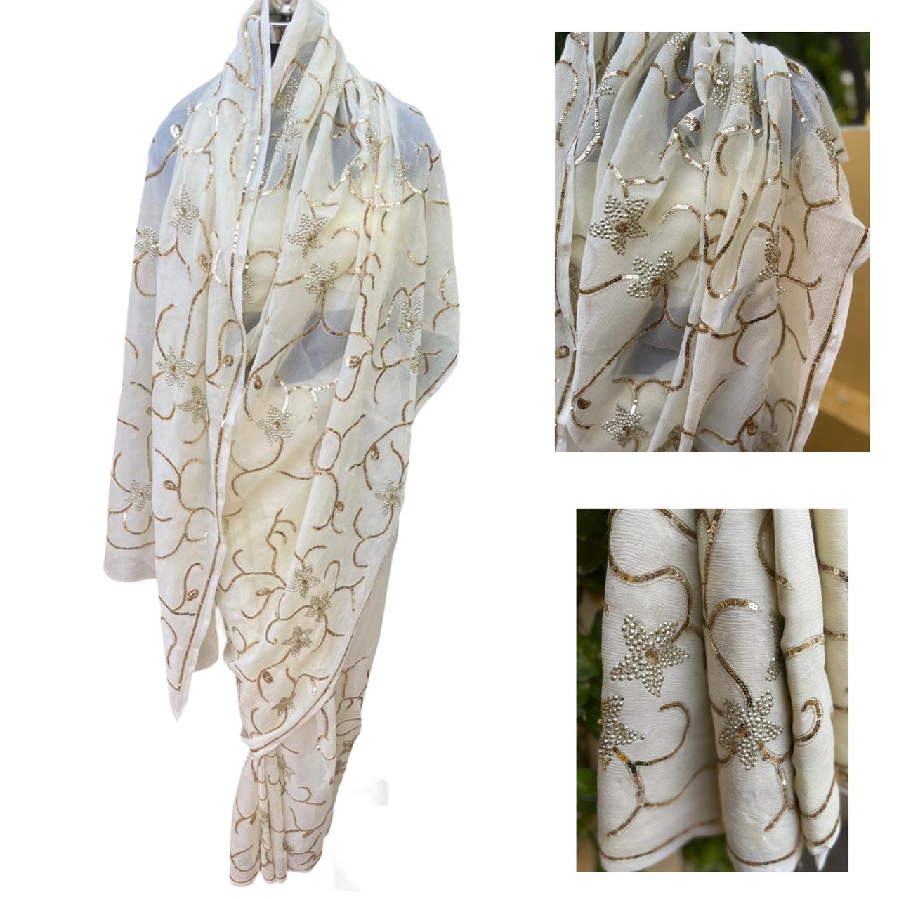 Off-White Sequins Jaal Saree
