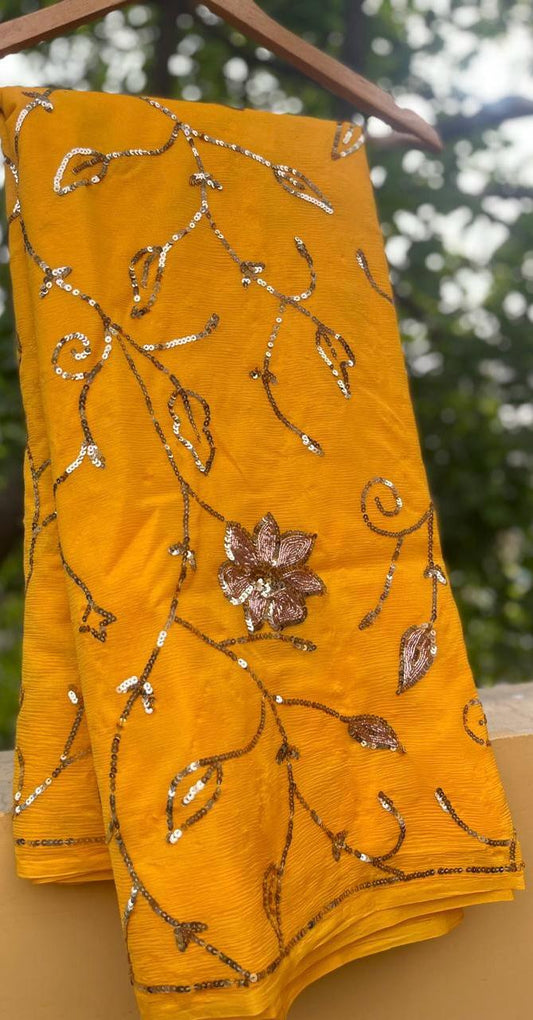 Yellow Sequins Jaal Saree