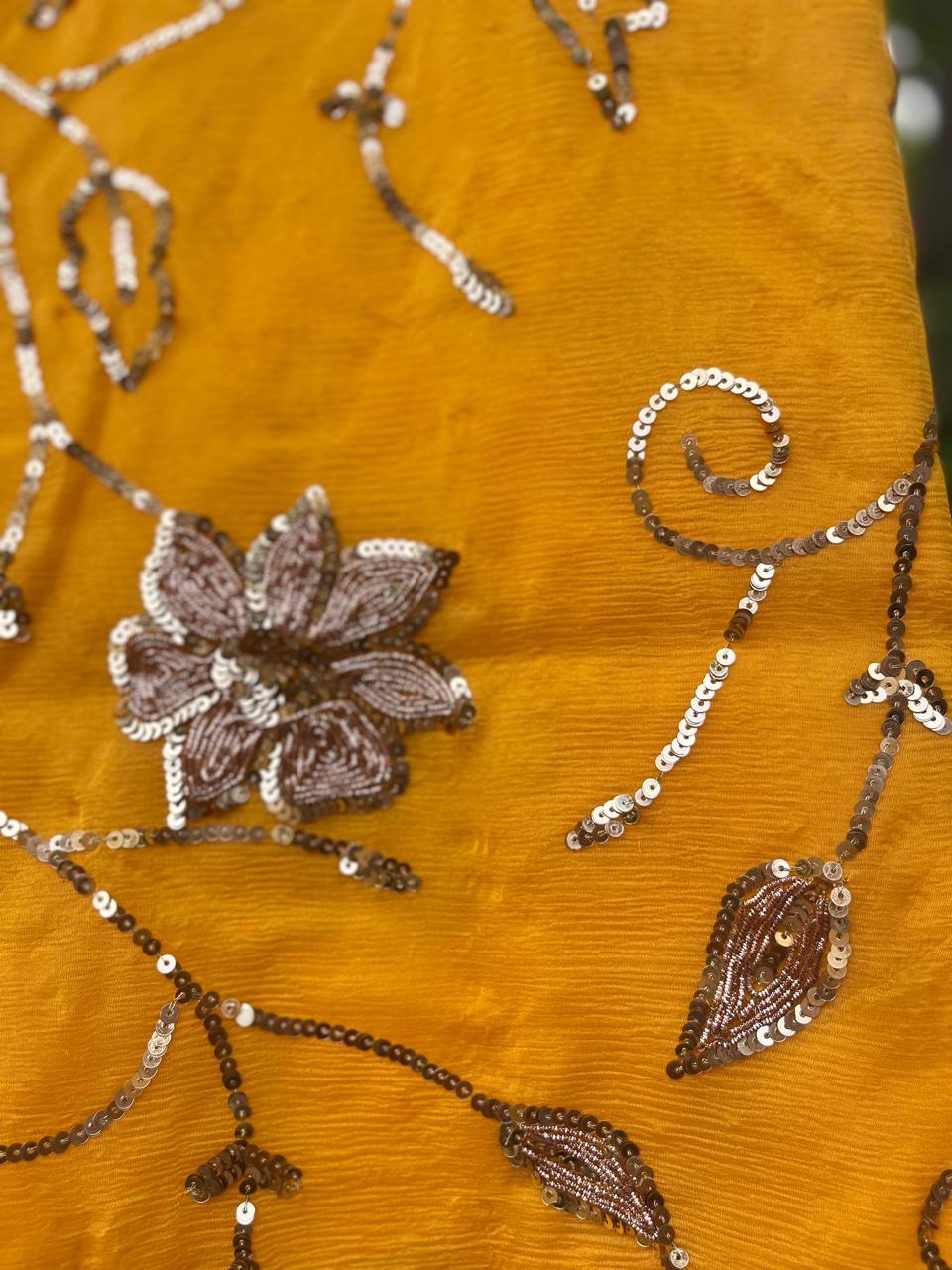 Yellow Sequins Jaal Saree