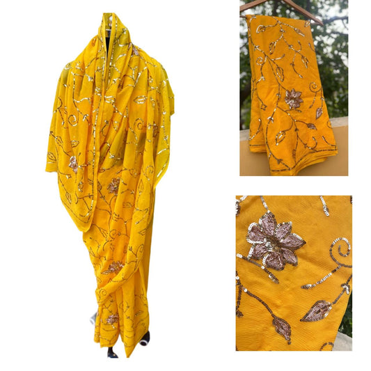 Yellow Sequins Jaal Saree