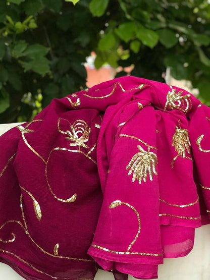 Ombre Wine Shaded Sequins Jaal Saree