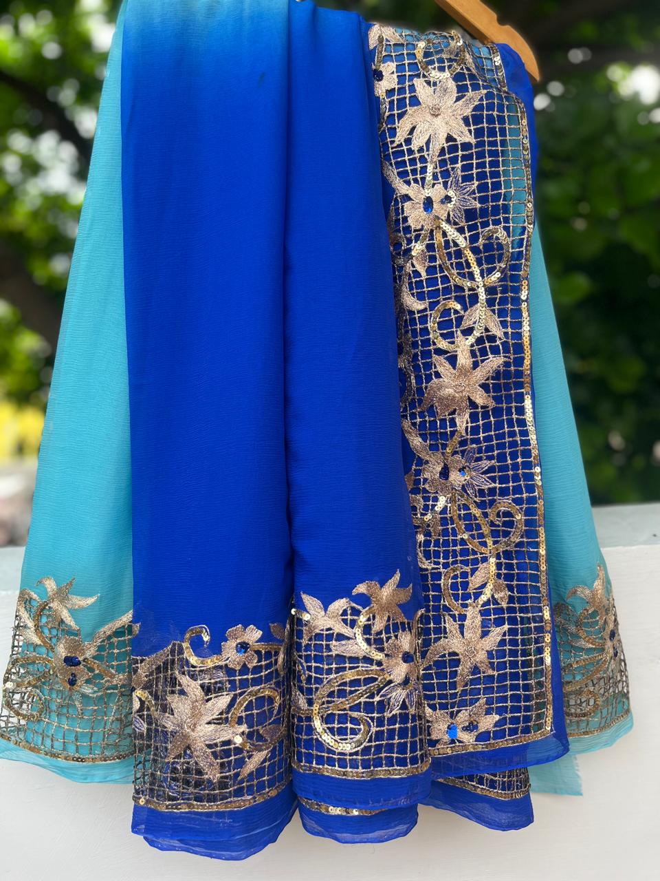 Ombre Blue Shaded Cutwork Border Saree