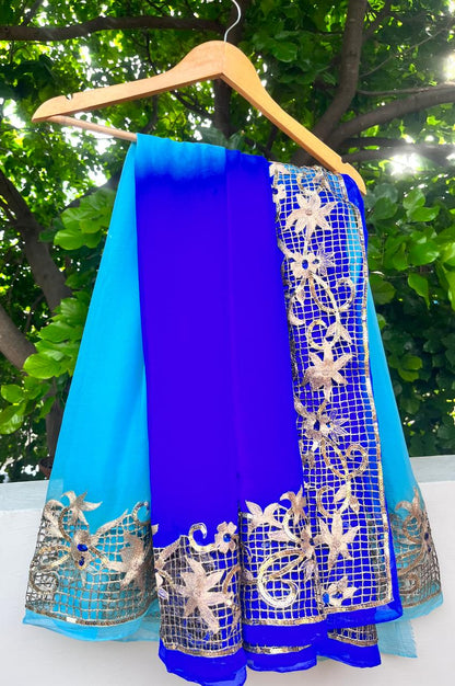 Ombre Blue Shaded Cutwork Border Saree