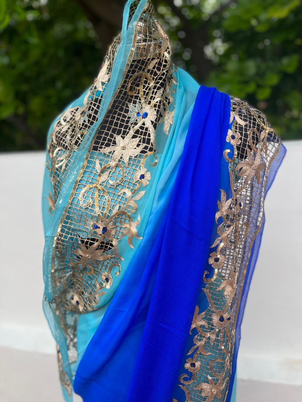Ombre Blue Shaded Cutwork Border Saree