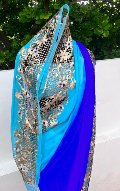 Ombre Blue Shaded Cutwork Border Saree
