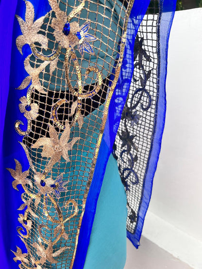 Ombre Blue Shaded Cutwork Border Saree