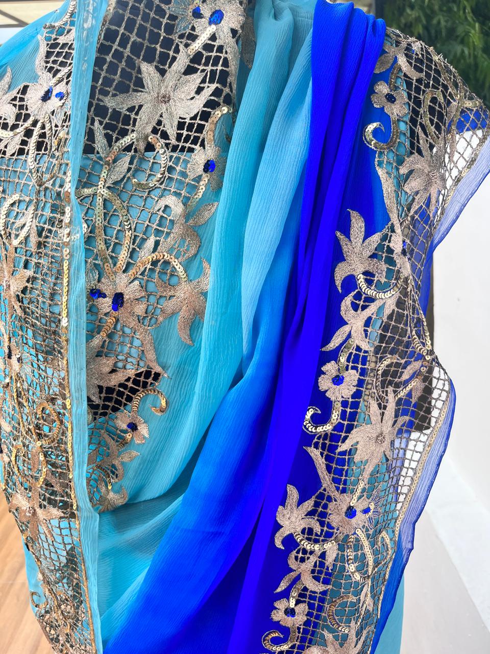 Ombre Blue Shaded Cutwork Border Saree
