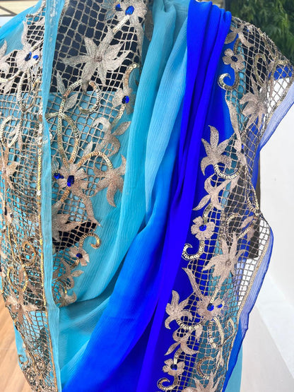 Ombre Blue Shaded Cutwork Border Saree
