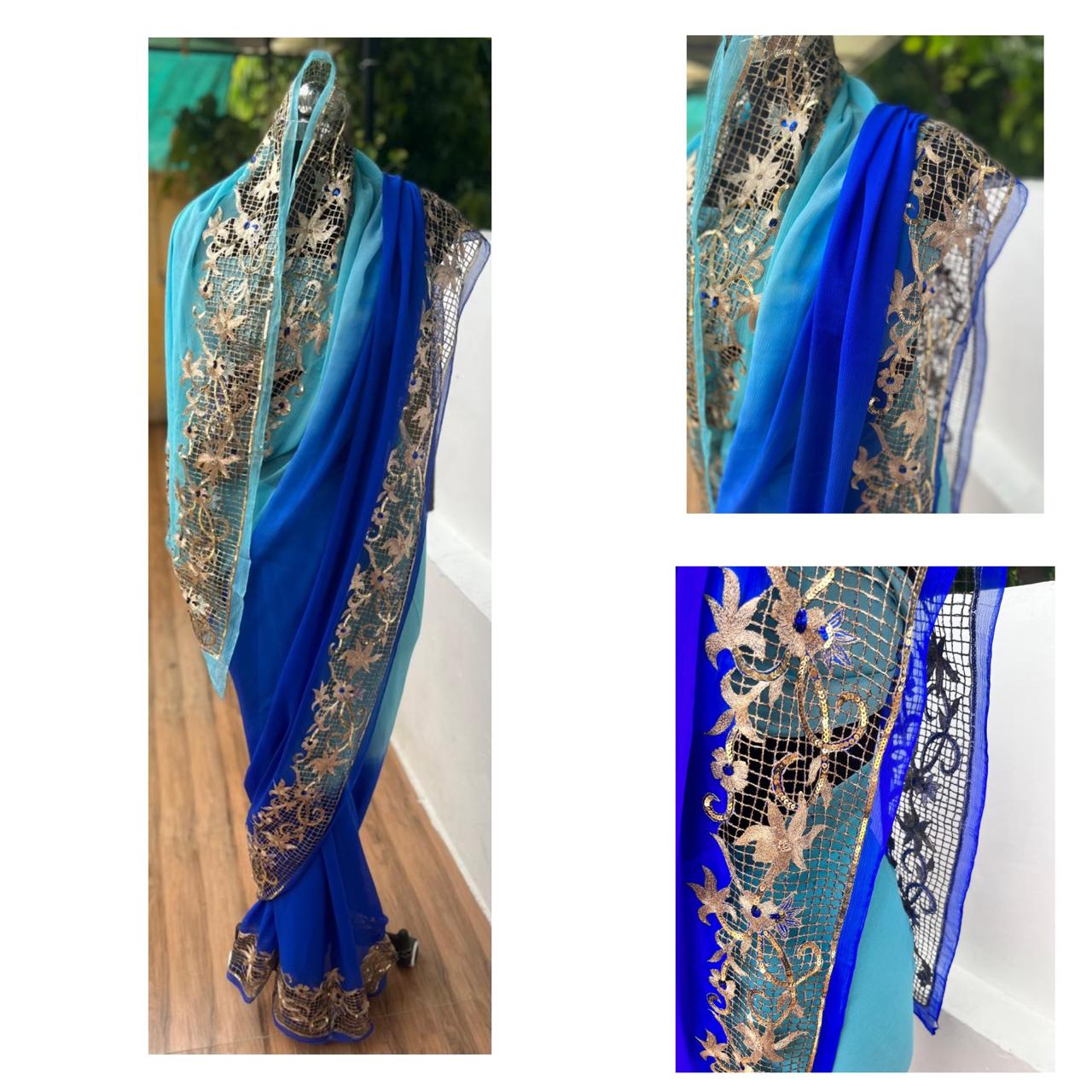 Ombre Blue Shaded Cutwork Border Saree