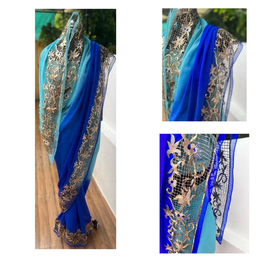 Ombre Blue Shaded Cutwork Border Saree