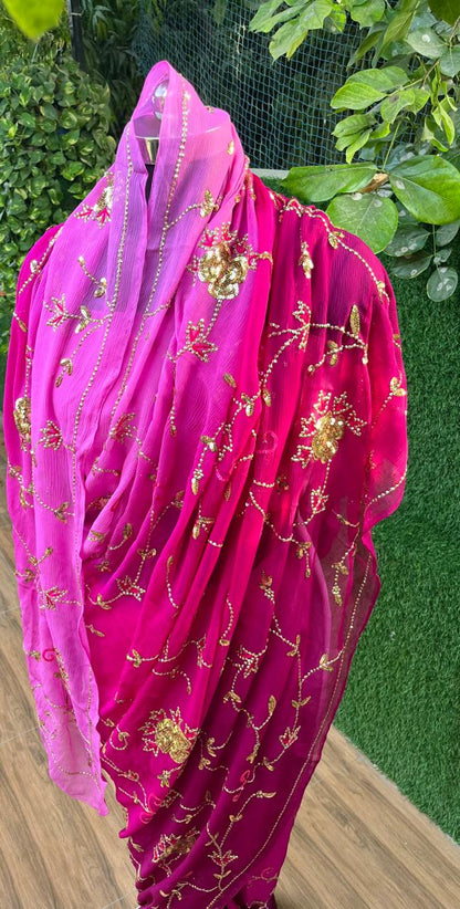 Ombre Pink & Wine Shaded Jaal Saree