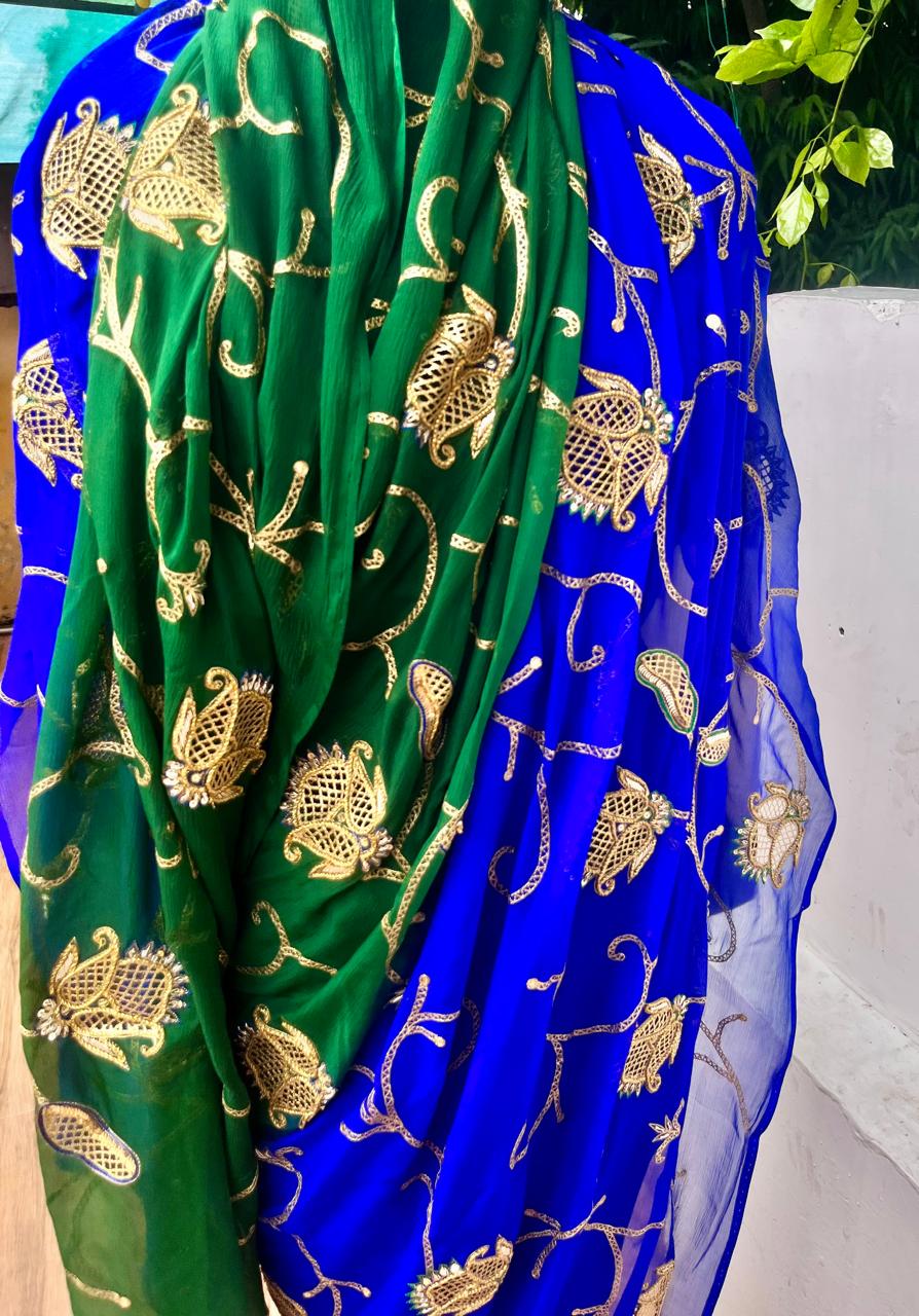 Ombre Blue Green Jaali Buta Jaal Saree