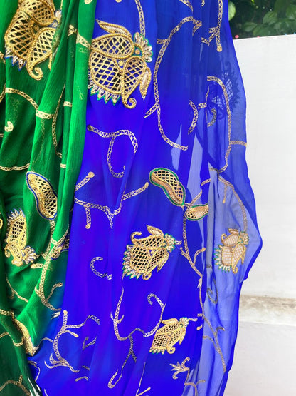 Ombre Blue Green Jaali Buta Jaal Saree