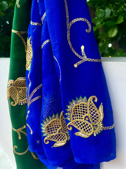 Ombre Blue Green Jaali Buta Jaal Saree