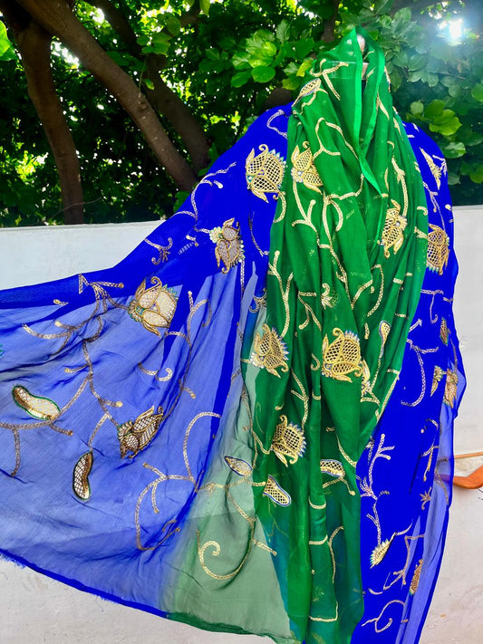 Ombre Blue Green Jaali Buta Jaal Saree