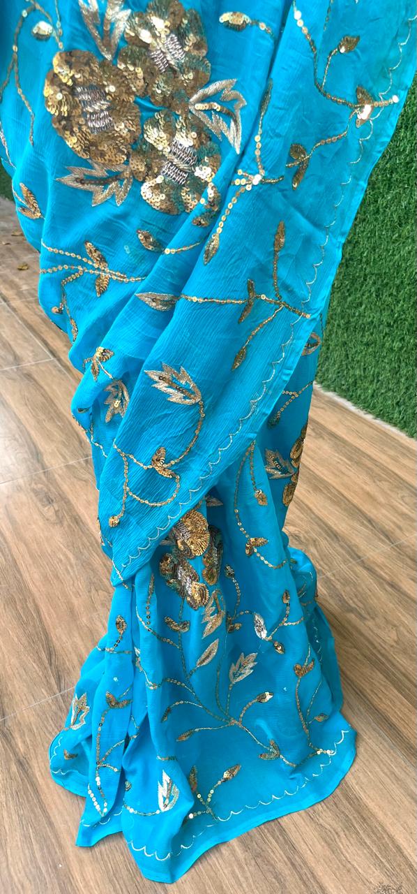 Sky-Blue Shaded Jaal Saree