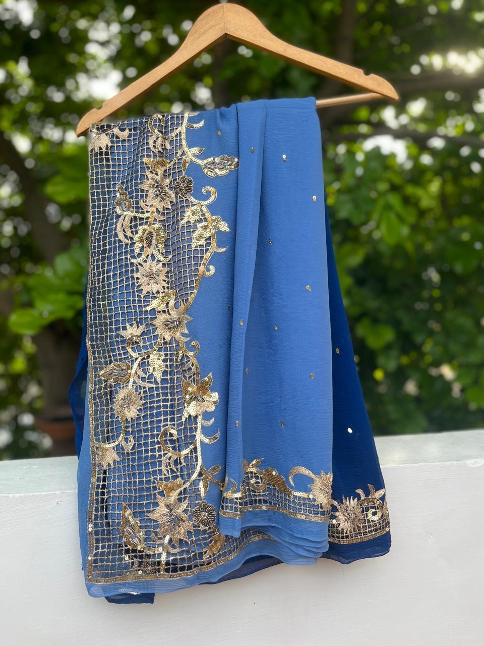 Ombre Blue Shaded Cutwork Border Saree