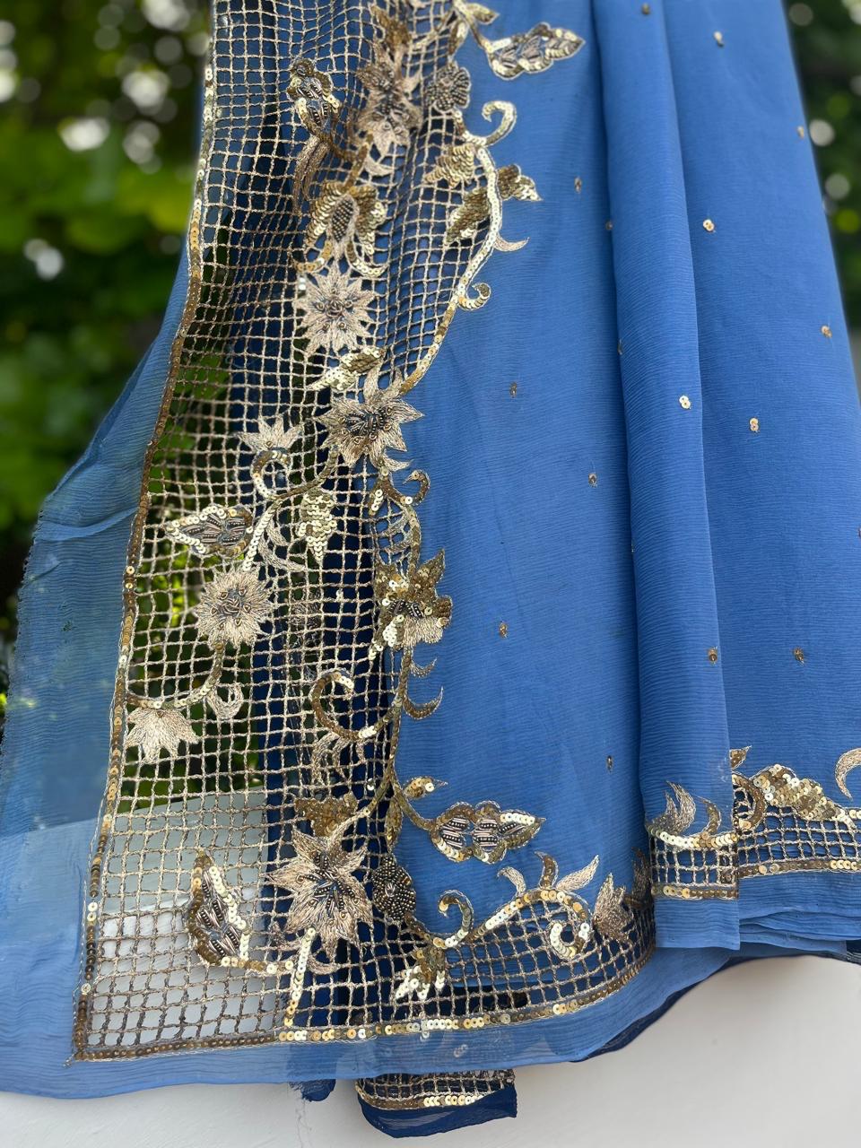 Ombre Blue Shaded Cutwork Border Saree