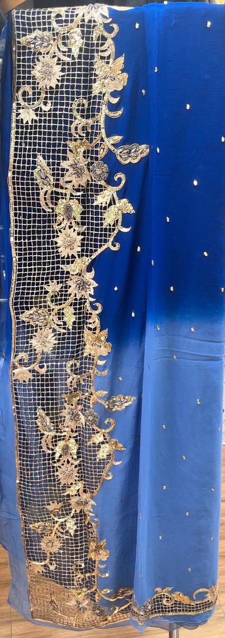 Ombre Blue Shaded Cutwork Border Saree