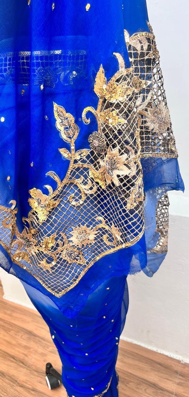 Ombre Blue Shaded Cutwork Border Saree