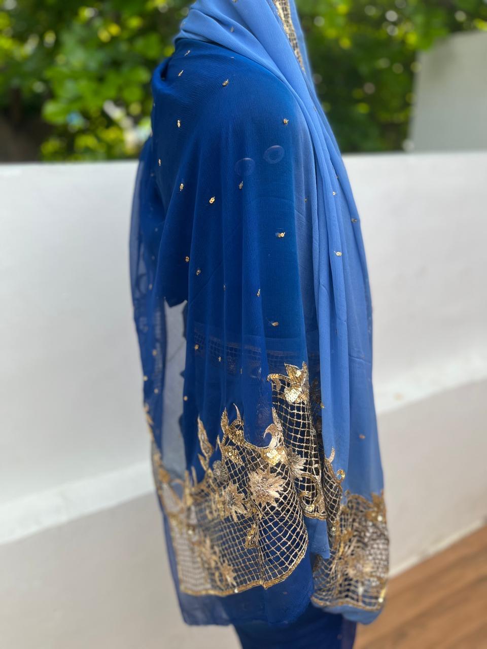 Ombre Blue Shaded Cutwork Border Saree