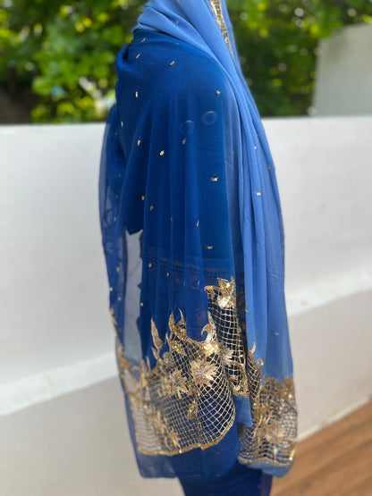 Ombre Blue Shaded Cutwork Border Saree