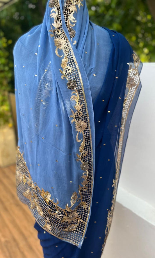 Ombre Blue Shaded Cutwork Border Saree