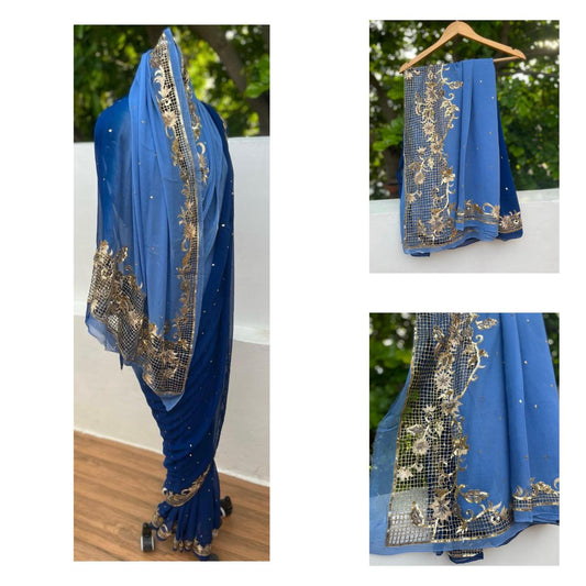 Ombre Blue Shaded Cutwork Border Saree