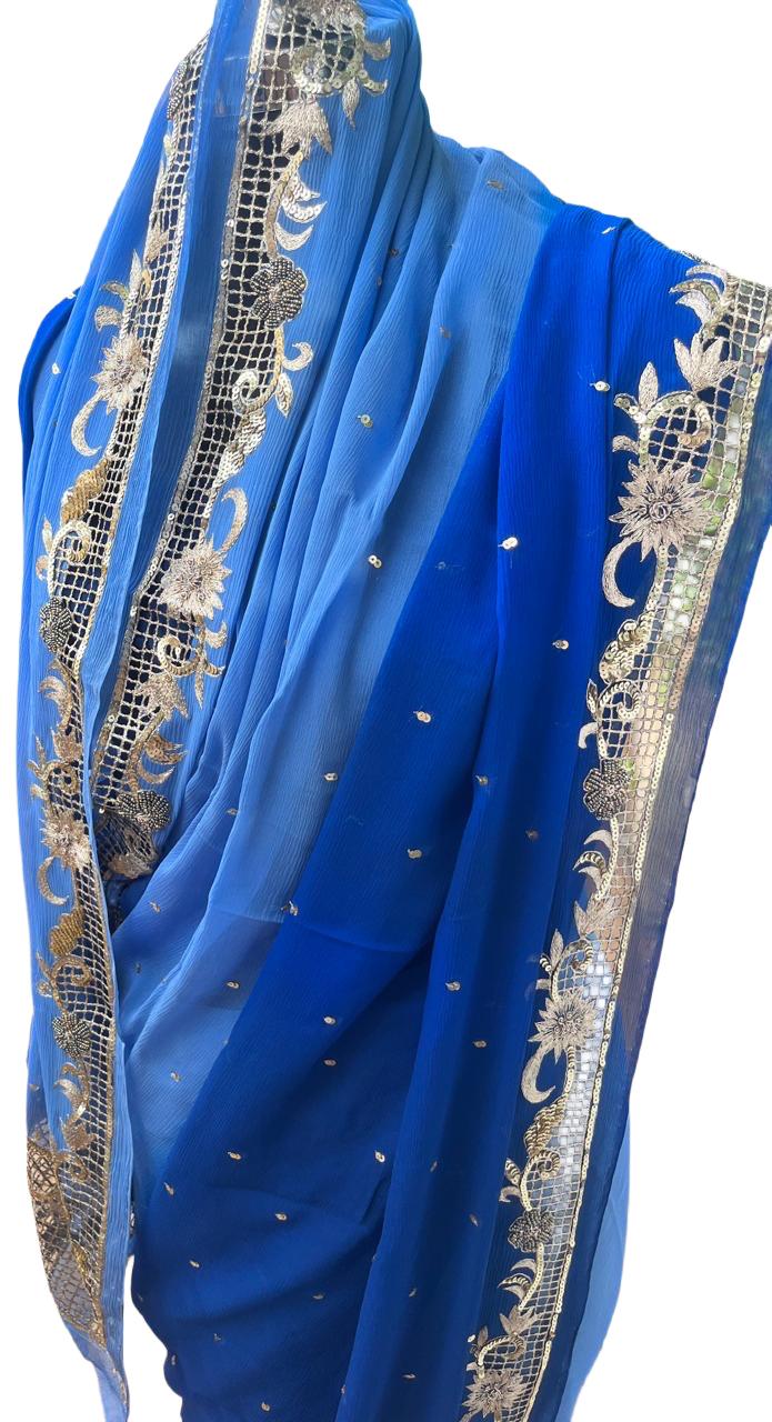 Ombre Blue Shaded Cutwork Border Saree