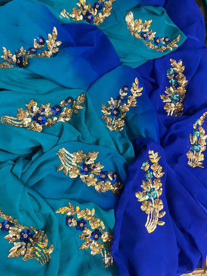Ombre Blue Shaded Sequins Buta Saree