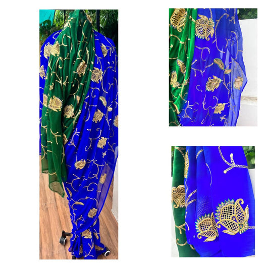 Ombre Blue Green Jaali Buta Jaal Saree