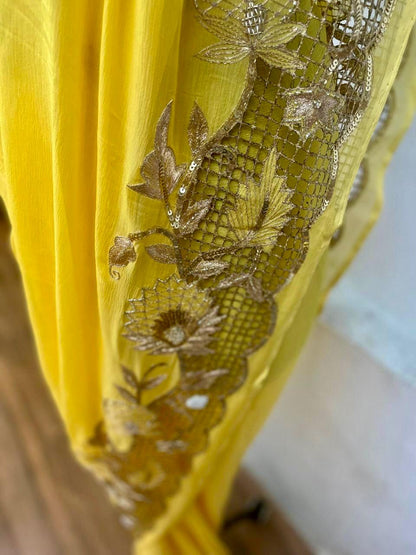 Yellow Cutwok Border Saree
