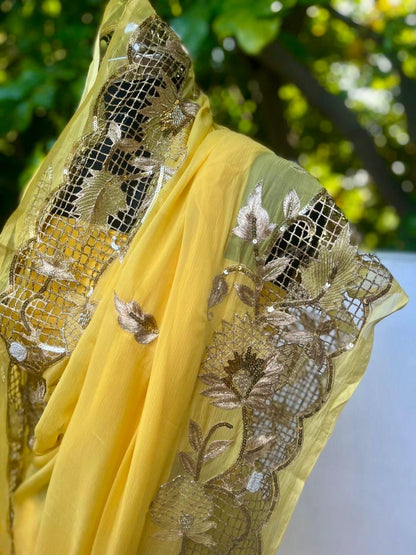 Yellow Cutwok Border Saree