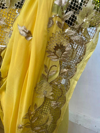 Yellow Cutwok Border Saree