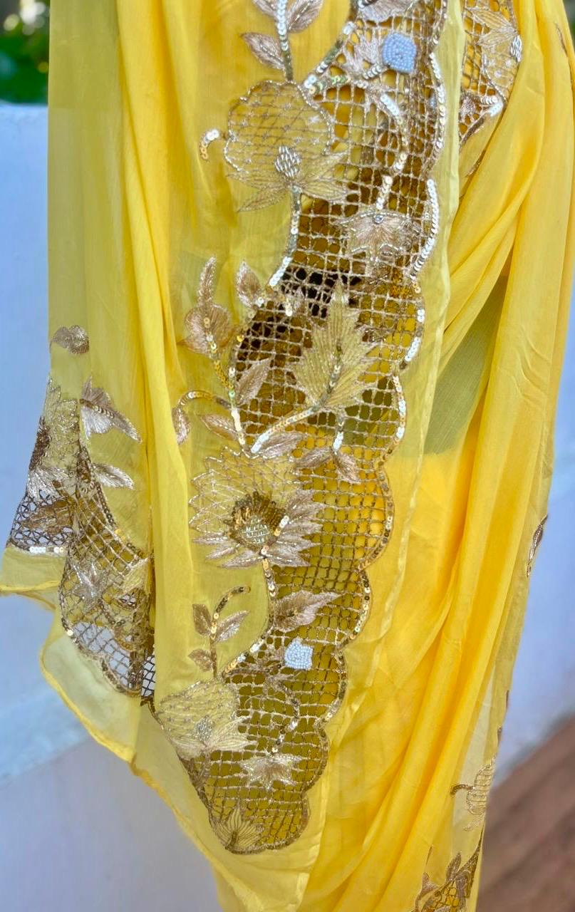 Yellow Cutwok Border Saree