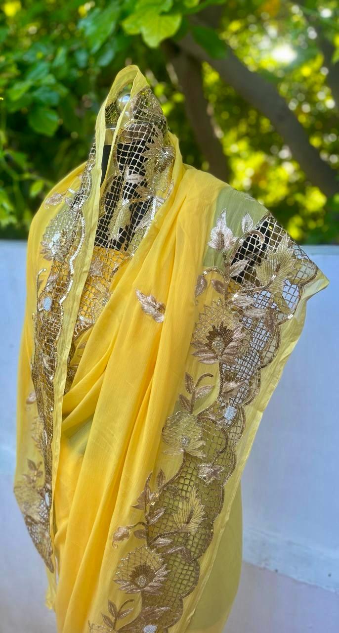 Yellow Cutwok Border Saree