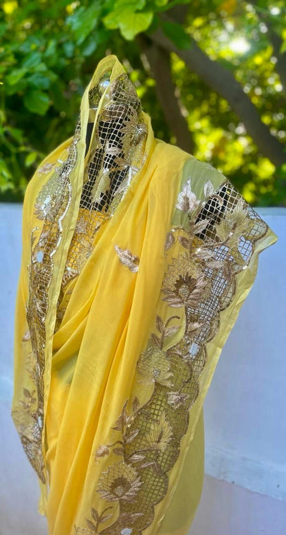 Yellow Cutwok Border Saree