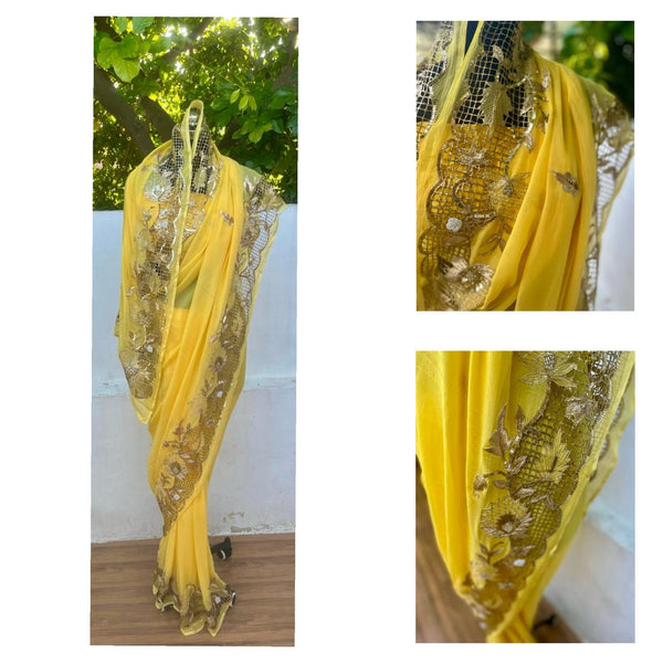 Yellow Cutwok Border Saree