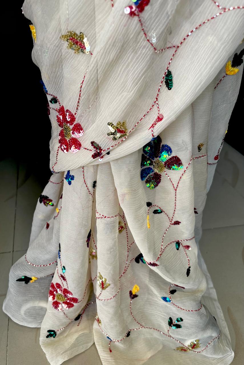 Beige Sequins Jaal Saree