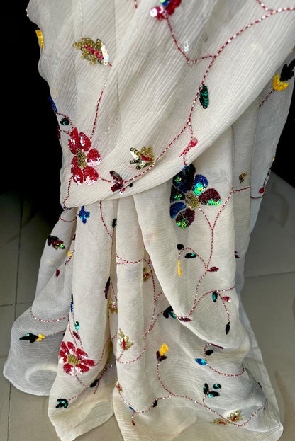 Beige Sequins Jaal Saree
