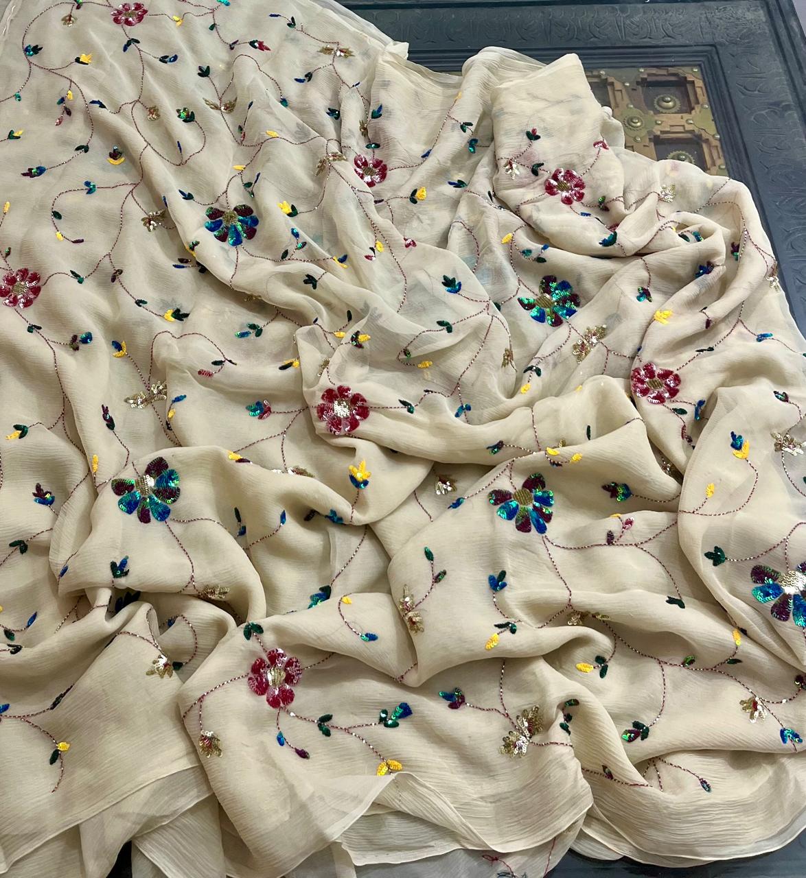 Beige Sequins Jaal Saree