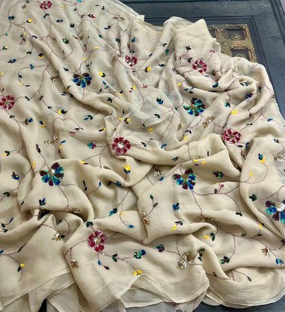 Beige Sequins Jaal Saree
