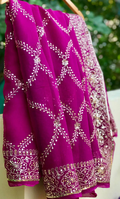 Wine Aari sequins Jaal Saree