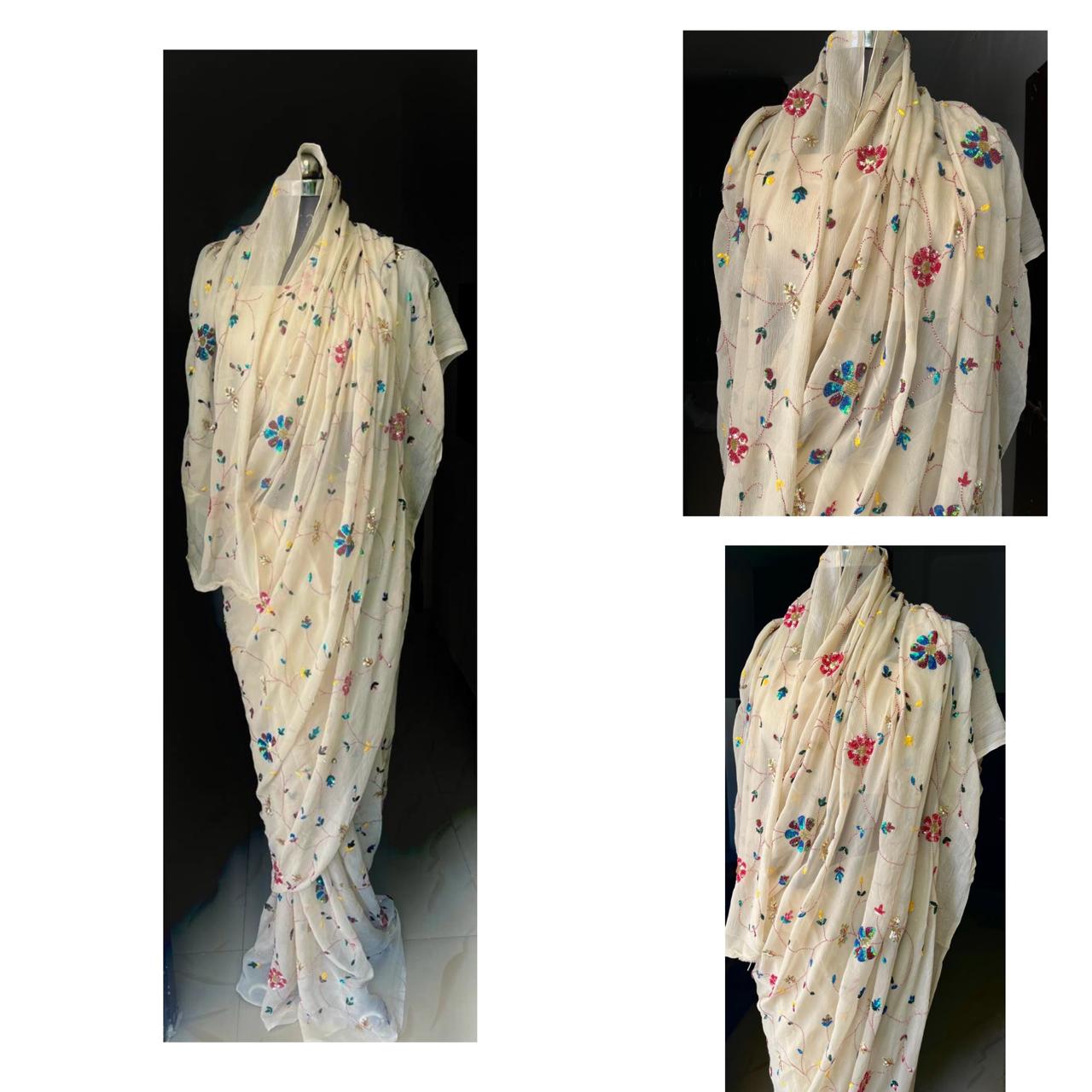 Beige Sequins Jaal Saree
