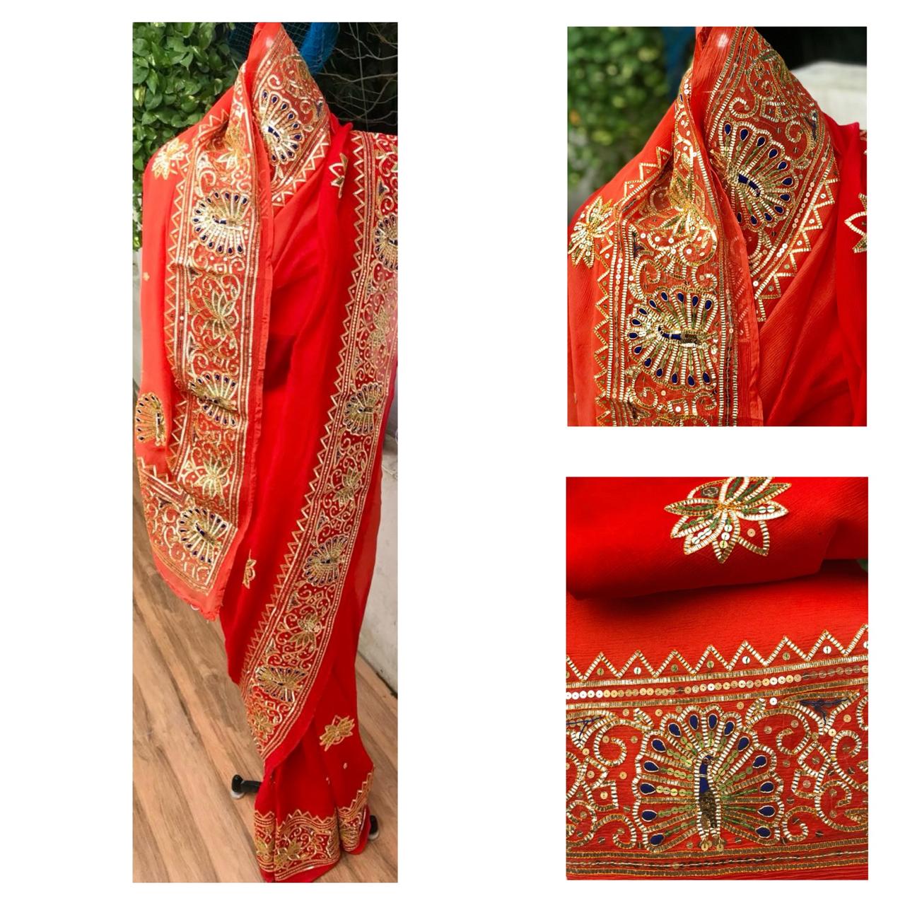 Ombre Orange Shaded Peacock Gotta Border Saree