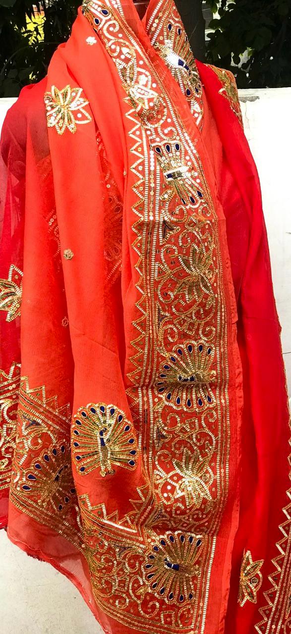 Ombre Orange Shaded Peacock Gotta Border Saree