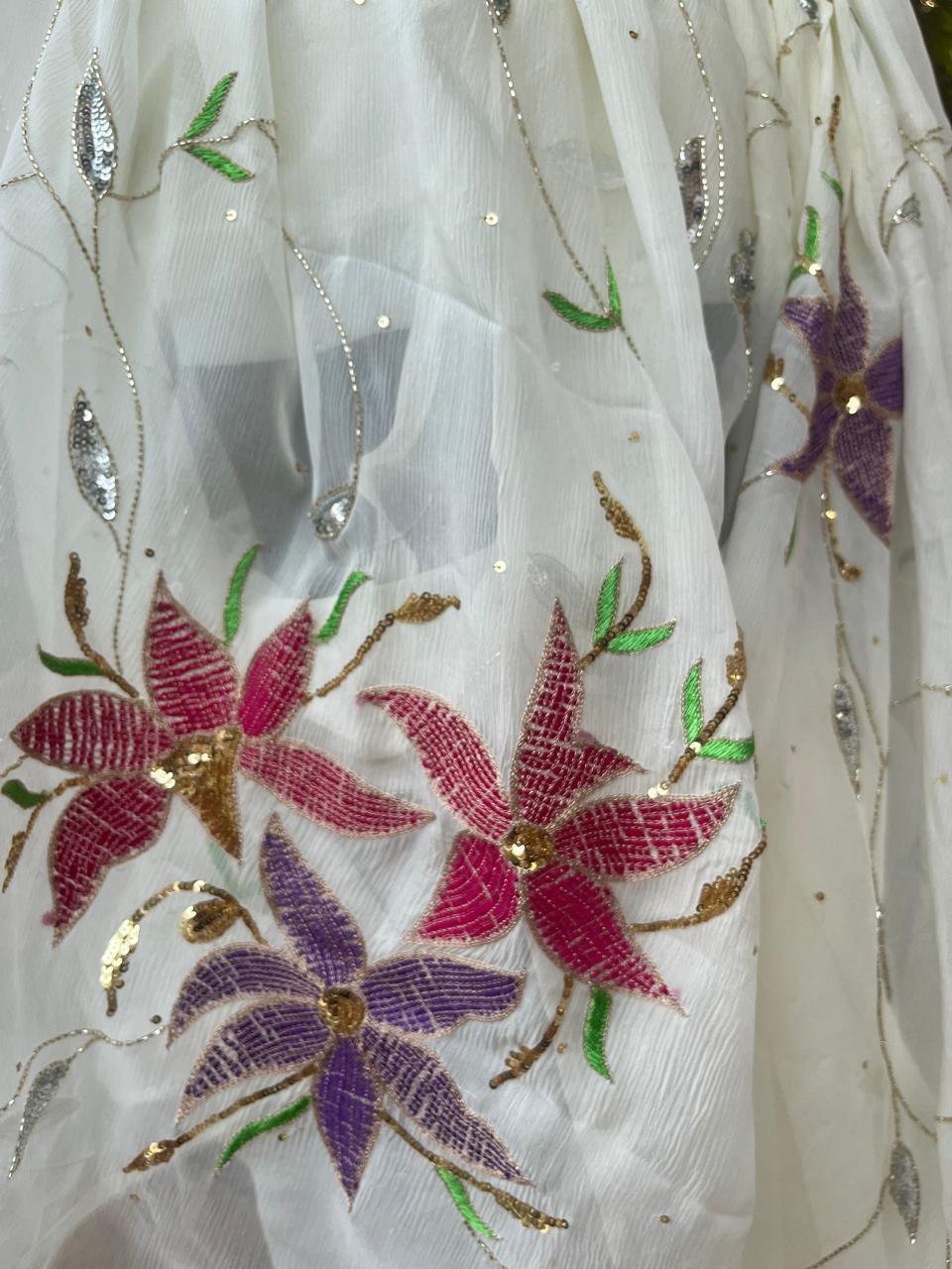 Off-White Resham Cutdana Sequins Jaal Saree