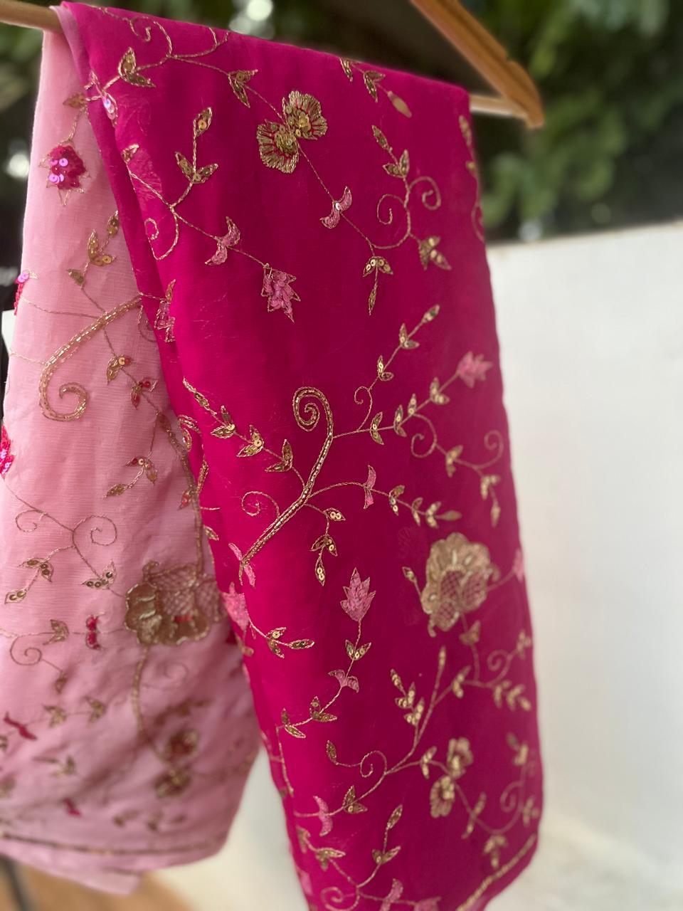 Ombre Pink Shaded Zari Sequins Jaal Saree