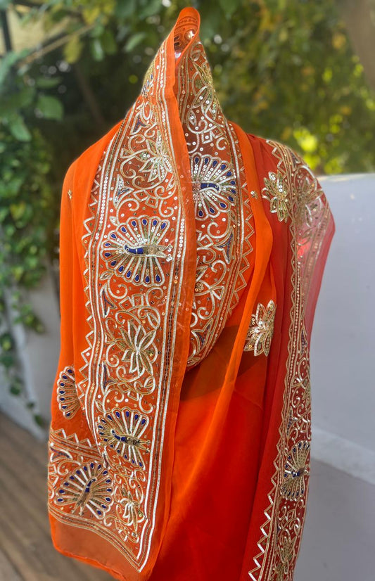 Ombre Orange Shaded Peacock Gotta Border Saree