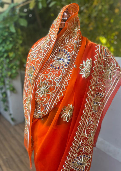 Ombre Orange Shaded Peacock Gotta Border Saree